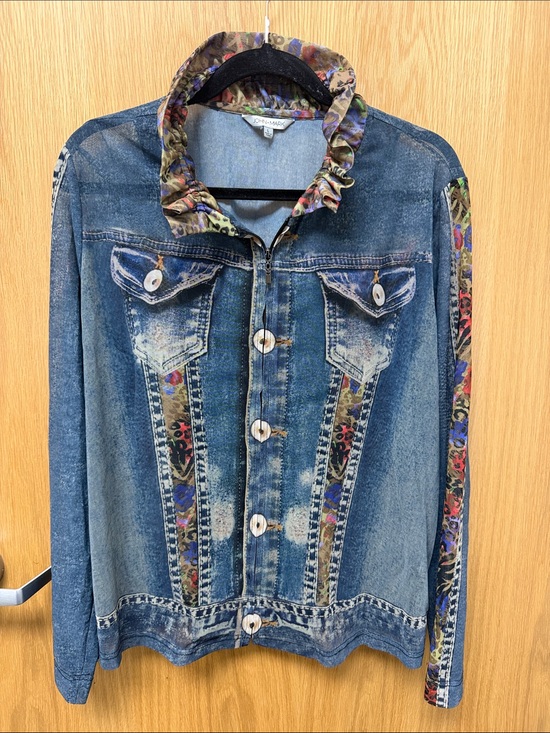John Mark Jackets & Blazers - John Mark MESH Sheer Blue Denim PRINTED Jacket with Multicolor Floral Trim